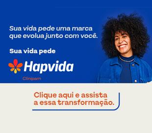 Anúncio com uma mulher sorrindo ao lado do logo da Hapvida Clinipam, com a frase Sua vida pede uma marca que evolua junto com você, simbolizando a nova marca e o compromisso com a saúde.